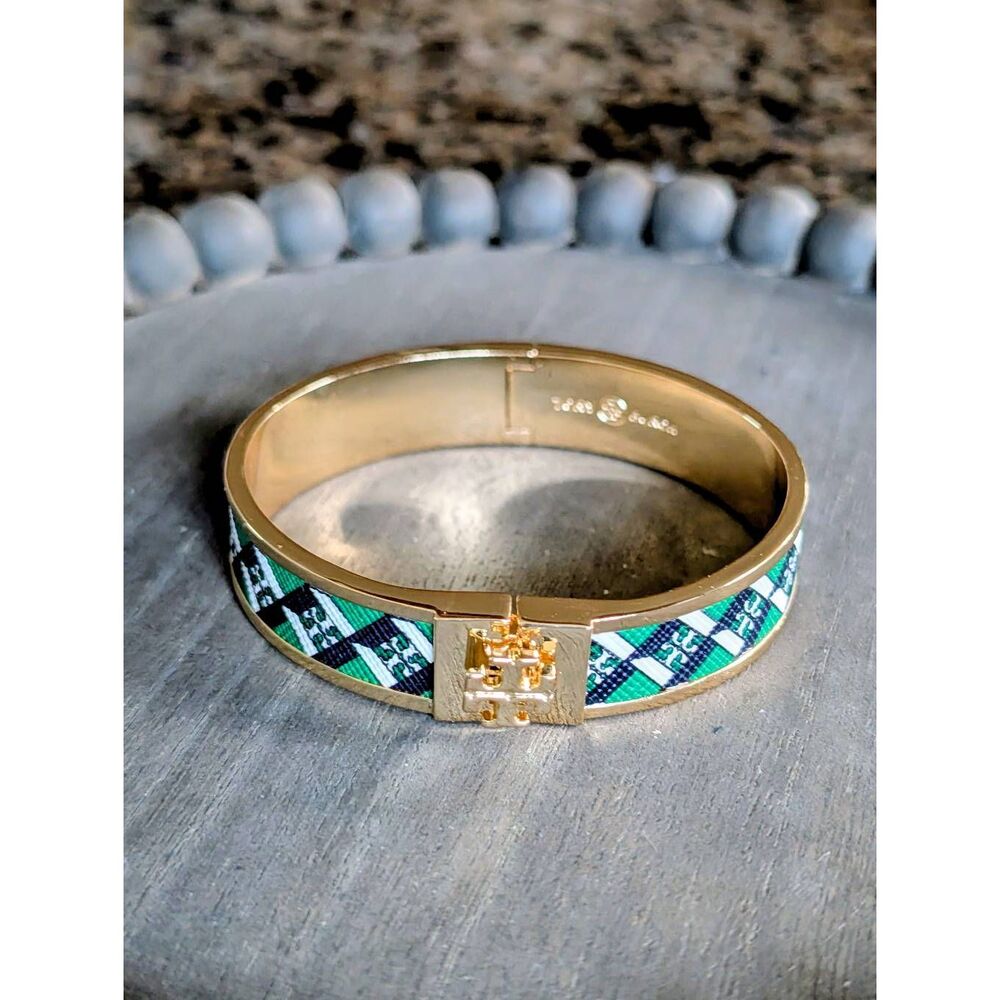 TORY BURCH Green Leather Inlay Hinge Bangle Bracelet